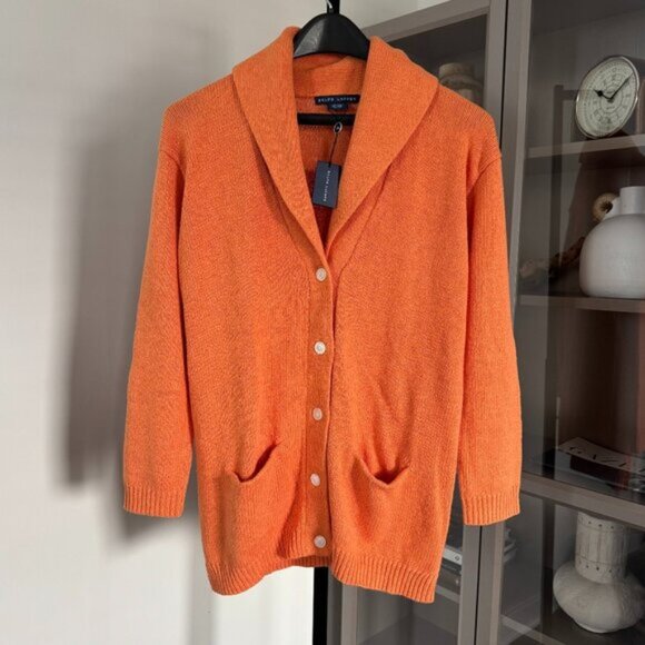 Ralph Lauren Linen Sweater Cardigan NEW Shawl Collar Orange V Neck Pockets L - Picture 1 of 6
